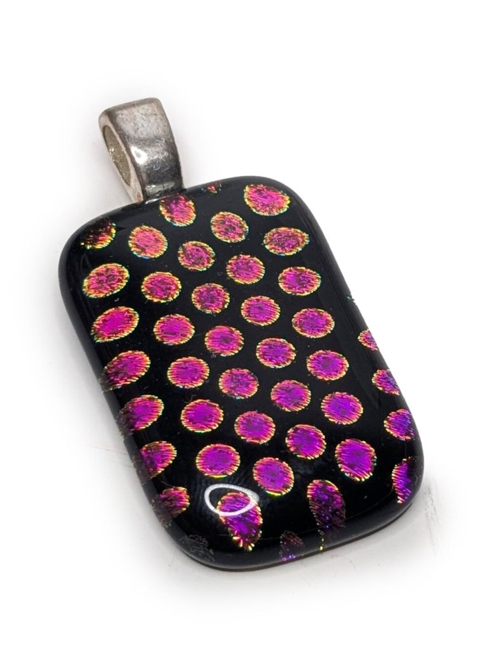 Black Dichroic Fused Glass Pendant Necklace Purple Pink Polka Dot Silver Bail
